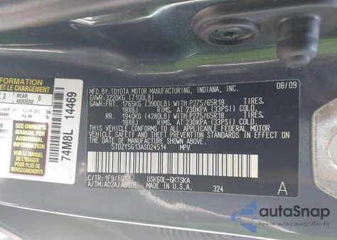 2010 Toyota Sequoia Sr5 5.7L V8 z USA, uszkodzony, nr VIN 5TDZY5G13AS024514